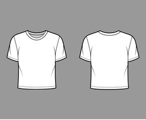 Cropped cotton-jersey t-shirt technical fashion illustration with relaxed fit, crew neckline, short sleeves. Flat outwear basic apparel template front back white color. Women men unisex top CAD mockup