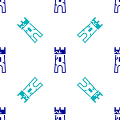 Blue Castle tower icon isolated seamless pattern on white background. Fortress sign. Vector.