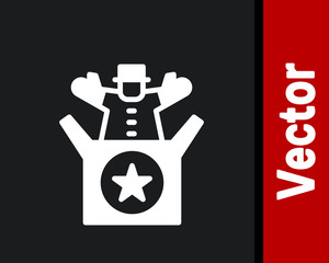 White Jack in the box toy icon isolated on black background. Jester out of the box. Vector.