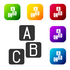 Black ABC blocks icon isolated on white background. Alphabet cubes with letters A,B,C. Set icons in color square buttons. Vector.