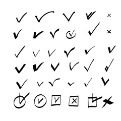 Hand drawn check box signs. Vector doodle set of v mark for list items, checkbox chalk icons, sketch check marks. Hand drawn checklist marks icon collection