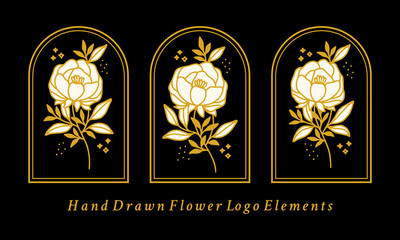 Hand drawn vintage botanical peony flower logo element collection and leaf linear illustration for feminine beauty logo or brand package with dark black background