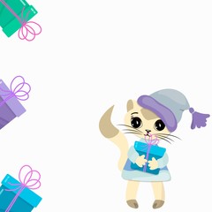 Cute kitty with gifts.
Vector isolated illustration on white background.