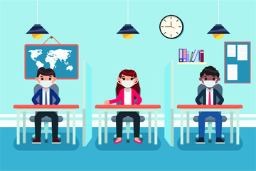 The concept of returning to school and social distancing. illustration of the condition or state of students in class when new normal or after corona.