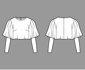 Cropped top technical fashion illustration with flare elbow circle and long sleeve, back concealed zip fastening. Flat apparel shirt template front back white color. Women men unisex blouse CAD mockup