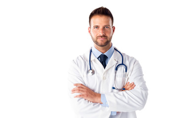 Male doctor studio portrait at isolated white background