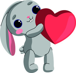 Cute rabbit with a red heart declares love. Vector bunny