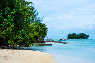 Moreea, French Polynesia: 09/03/2018: a small wooden house one white beauty beach of Moorea with tropical trees and a trasparent ocean. It is a quite paradise.