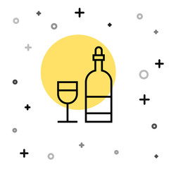 Black line Wine bottle with glass icon isolated on white background. Random dynamic shapes. Vector Illustration.