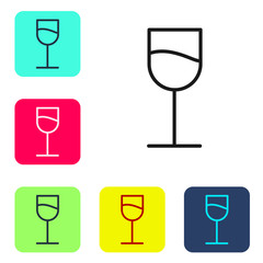 Black line Wine glass icon isolated on white background. Wineglass sign. Set icons in color square buttons. Vector Illustration.