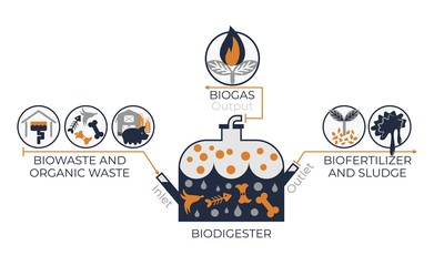 BioDigester work system infographics. Vector graphics with illustration of bio digester container and icons of biowaste, organic waste, biofertilizer, sludge and biogas