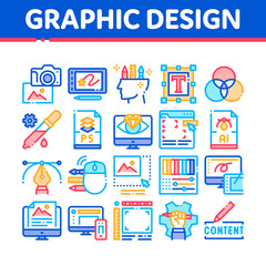Graphic Design And Creativity Icons Set Vector. Photo Camera And Tablet For Design, Computer Application For Drawing And Painting Concept Linear Pictograms. Color Contour Illustrations