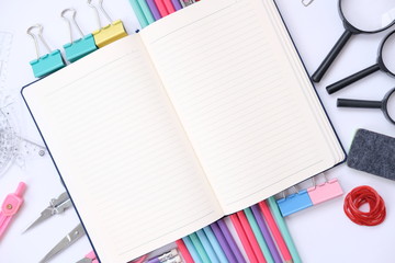 Back to school. colorful Items for the school on white background