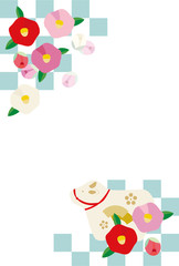 牛の置き物と市松模様と椿の花の年賀状