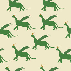 seamless pattern Fairytale green Dragon Flat Isolated Childish Style Simple Vector Drawing In Bright Colors On White Background