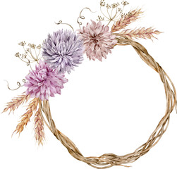Watercolor fall wreath decorated with aster and dahlia flowers, ears of wheat, dill flowers. Thanksgiving illustration.