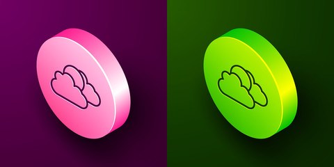 Isometric line Sun and cloud weather icon isolated on purple and green background. Circle button. Vector.