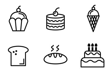 Icon set of sweet dessert, Birthday cake cheese cake,baked bread, cup cake and ice cream.