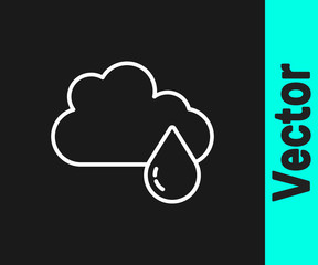 White line Cloud with rain icon isolated on black background. Rain cloud precipitation with rain drops. Vector.