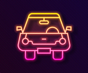 Glowing neon line Car icon isolated on black background. Front view. Vector.