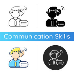 Listening skills icon. Linear black and RGB color styles. Communication abilities, consultation service. Professional soft skills. Employee paying attention isolated vector illustrations