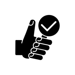 Complete research black glyph icon. Thumbs up with magnifying glass. Vote for right answer. Checkmark in lens. Analysis inquiry. Silhouette symbol on white space. Vector isolated illustration