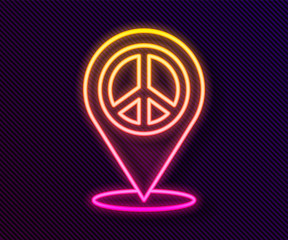 Glowing neon line Location peace icon isolated on black background. Hippie symbol of peace. Vector.