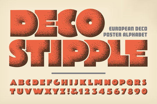 Deco Stipple Art Deco Style Alphabet. This Font Makes Use of a Classic Vintage Stippled Shading Style Used on European Poster Art in the 1920s and 1930s. The Bold Lettering Has A Heavy Bold Look.