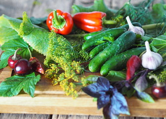 Autumn background with cucumbers, herbs and peppers on a wooden kitchen board.Ingredients for pickling cucumbers on a wooden background.
