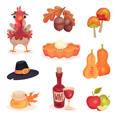 Thanksgiving Day Attributes with Pumpkin Pie and Turkey Vector Set