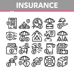 Insurance All-purpose Collection Icons Set Vector. Insurance Agreement For Protection House And Car, Health And Life, Phone And Lost Work Concept Linear Pictograms. Monochrome Contour Illustrations