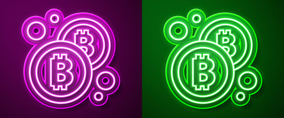 Glowing neon line Cryptocurrency coin Bitcoin icon isolated on purple and green background. Physical bit coin. Blockchain based secure crypto currency. Vector.