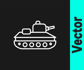 White line Military tank icon isolated on black background. Vector.