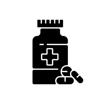 Pharmacy black glyph icon. Drugstore. Pharmaceutical industry. Drugs manufacturing. Pills prescription. Medical treatment. Silhouette symbol on white space. Vector isolated illustration