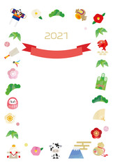 フレーム状に並べた牛と縁起物のアイコンの年賀状