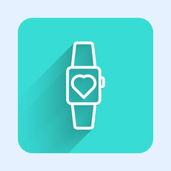 White line Smartwatch icon isolated with long shadow. Green square button. Vector.
