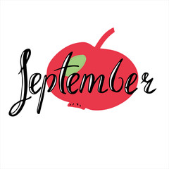Hand drawn and written September with red apple on white background