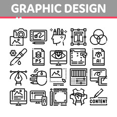 Graphic Design And Creativity Icons Set Vector. Photo Camera And Tablet For Design, Computer Application For Drawing And Painting Concept Linear Pictograms. Monochrome Contour Illustrations