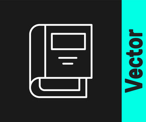 White line History book icon isolated on black background. Vector.