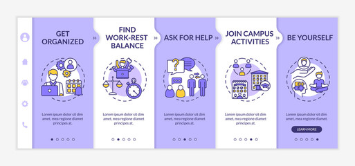 Student living onboarding vector template. Work rest balance. Be yourself. University campus activity. Responsive mobile website with icons. Webpage walkthrough step screens. RGB color concept