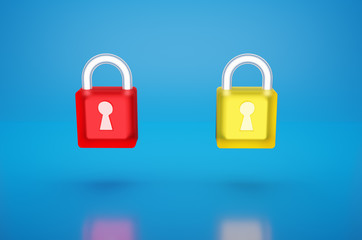 Transparent Glass and glowing Yellow and Red Padlock with keyhole isolate on blue background with reflex ,Data Security Encryption ,cyber or information privacy idea. 3D Render.