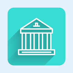 White line Museum building icon isolated with long shadow. Green square button. Vector.