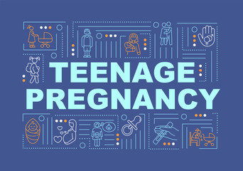 Teenage pregnancy word concepts banner. Social issue of adolescent pregnancy. Infographics with linear icons on blue background. Isolated typography. Vector outline RGB color illustration