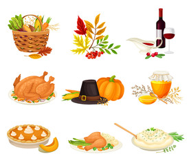 Thanksgiving Autumnal Holiday Composition with Agricultural Crops and Cooked Dishes Vector Set