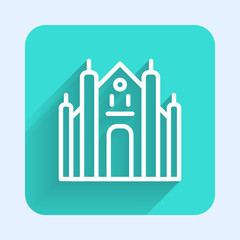 White line Milan Cathedral or Duomo di Milano icon isolated with long shadow. Famous landmark of Milan, Italy. Green square button. Vector.