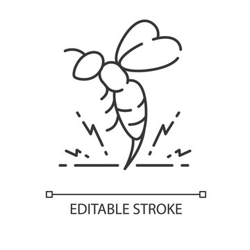 Bee venom linear icon. Honeybee attack, flying insect injecting poison. Thin line customizable illustration. Contour symbol. Stinging bumblebee, hornet vector isolated outline drawing. Editable stroke