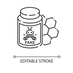 Fake honey linear icon. Thin line customizable illustration. Contour symbol. Sweet dessert, delicious dainty. Jar with man made syrup, DIY honey vector isolated outline drawing. Editable stroke
