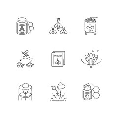 Apiculture linear icons set. Beekeeping business, organic honey making farm. Apiary, apiology customizable thin line contour symbols. Isolated vector outline illustrations. Editable stroke