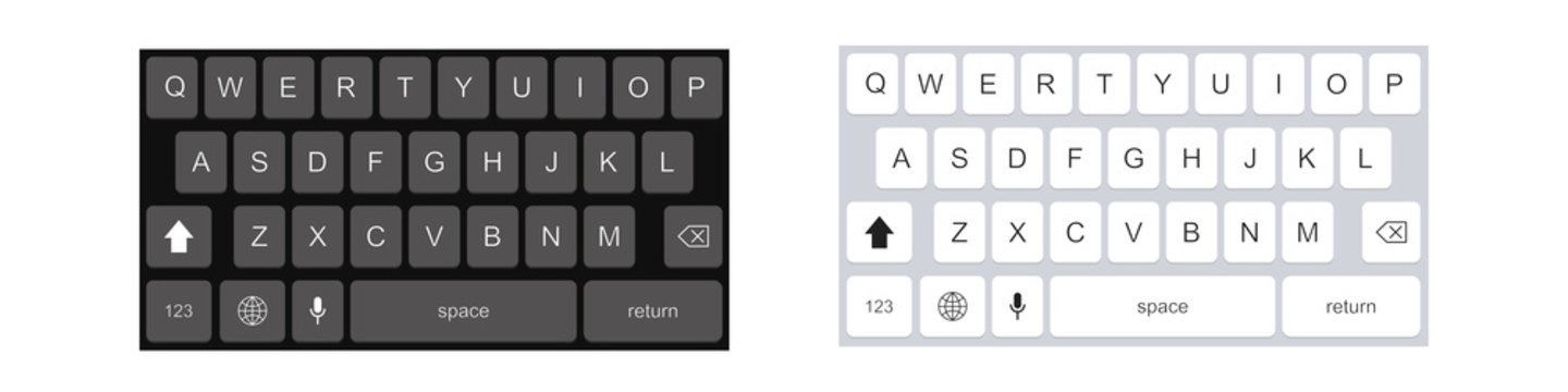 Smartphone keyboard in light and dark mode. Alphabet buttons in modern style. Mobile phone tab bar for white and black text app.
