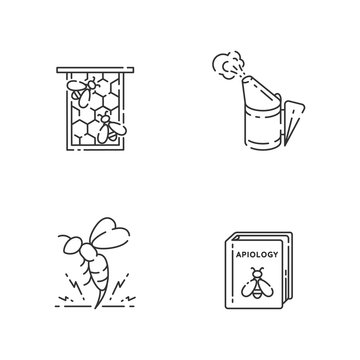 Bee Farming Linear Icons Set. Honeycomb Frame, Bee Smoker, Honeybee Venom And Apiology Book. Customizable Thin Line Contour Symbols. Isolated Vector Outline Illustrations. Editable Stroke